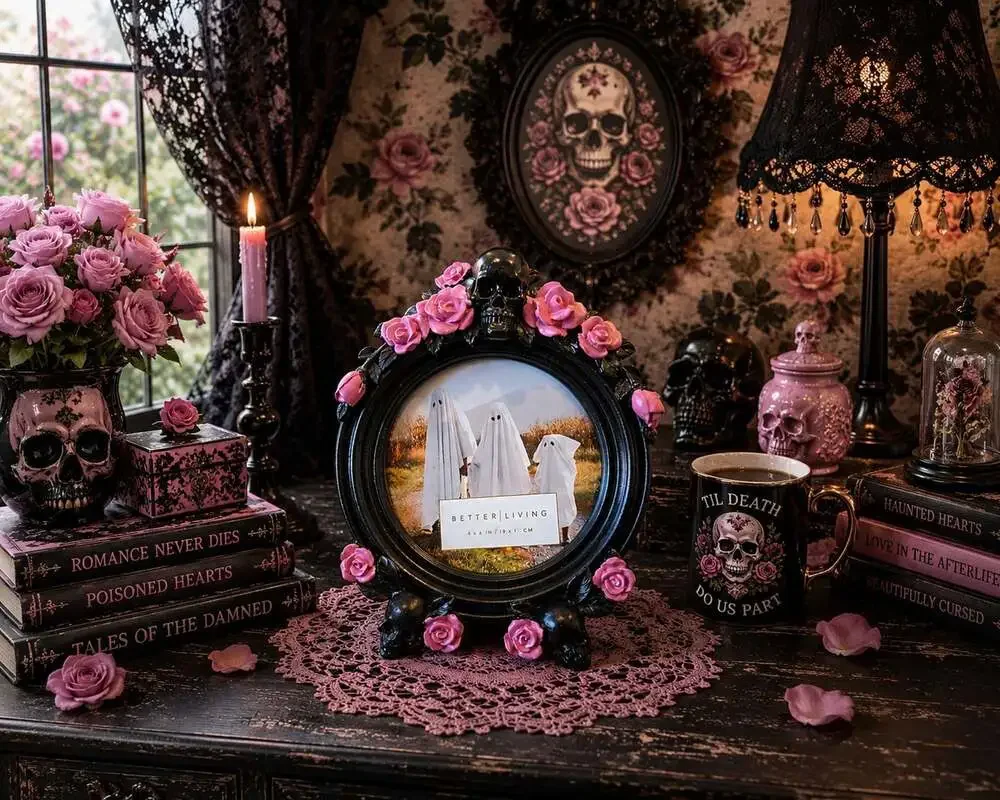 New Halloween Black Pink Round Skull W/ Roses Room Decor Photo Picture Frame 4x4